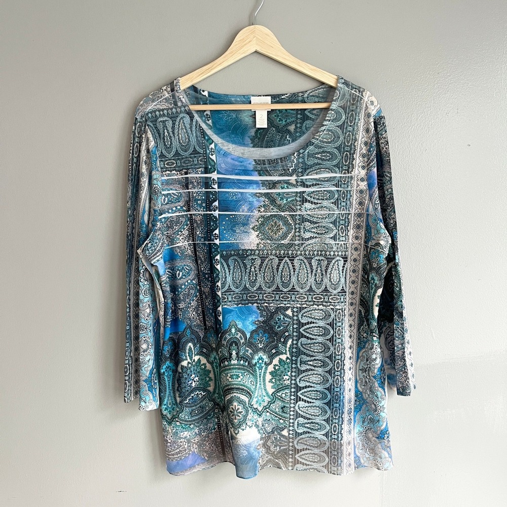Chicos Age Toni Embellished Top Tiered Paisley Blouse‎ 3/4 Sleeve Blue 2 Large